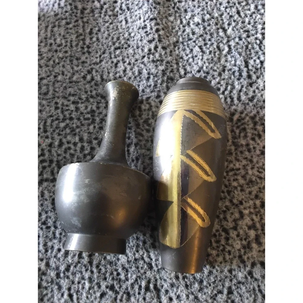 Vintage‎ Terrybear India Brass Vases Mixed Metal Floral Geometric Decor Set of 2